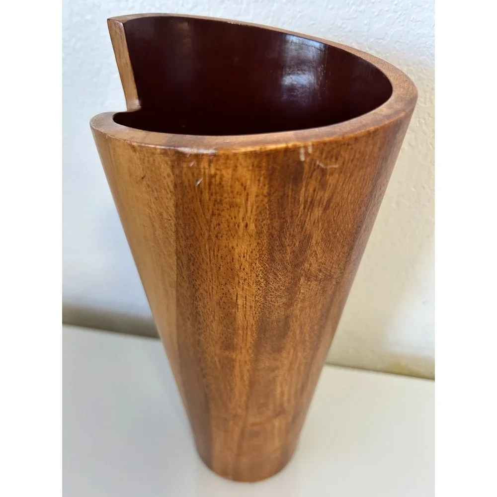 Crate and Barrel Maganda Cylinder Acacia Wood Vase Asymmetrical Design Decor 12